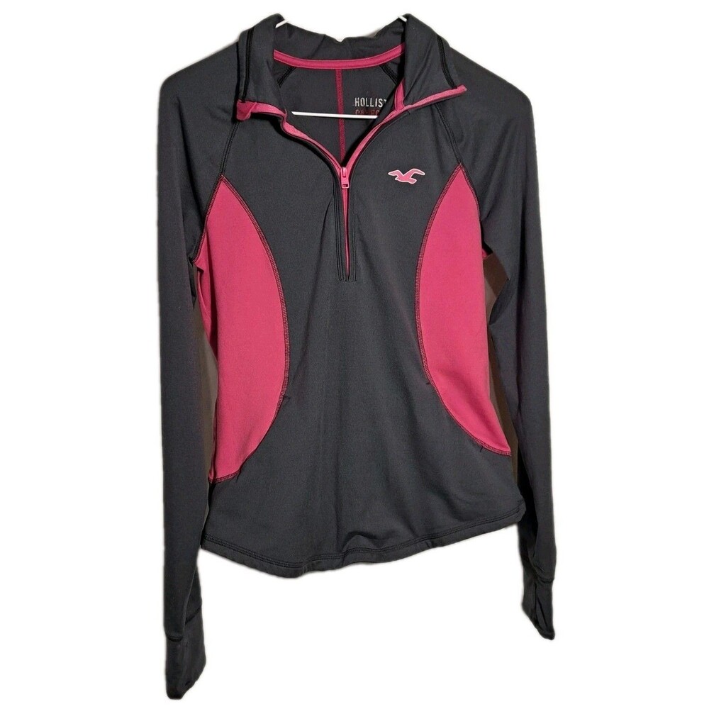 Hollister 1/4 Zip Pullover Women Size Large Gray & Pink Athletic Stretch